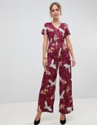 Liquorish Floral And Bird Print Wide Leg Jumpsuit-red