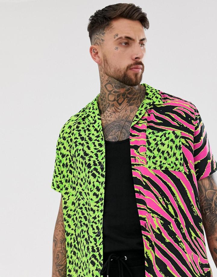 Asos Design Festival Relaxed Revere Shirt In Animal Mix And Match - Green