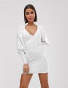 Asos Design Button Through Mini Dress With Statement Sleeve-white