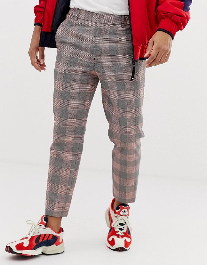 Asos Design Tapered Smart Pants With Half Elasticated Waist In Red Check - Gray