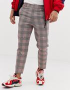 Asos Design Tapered Smart Pants With Half Elasticated Waist In Red Check - Gray