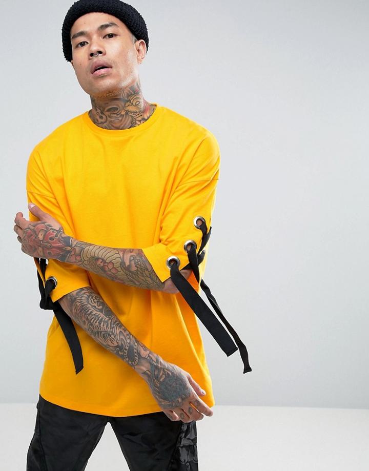 Asos Oversized T-shirt With Chunky Eyelet Lace Up Sleeves In Yellow In Heavy Jersey - Yellow