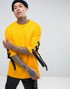 Asos Oversized T-shirt With Chunky Eyelet Lace Up Sleeves In Yellow In Heavy Jersey - Yellow