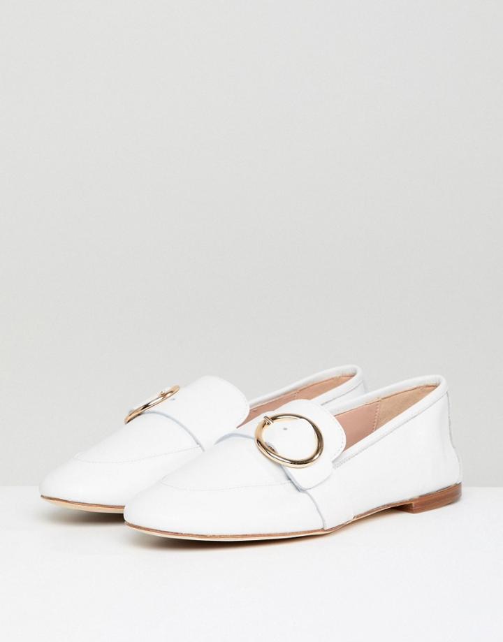 Kurt Geiger White Leather Circle Buckle Loafers - Cream