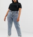 Asos Design Curve Ritson Rigid Mom Jeans With Exposed Fly And Fold Over Waist Detail In Light Stone Wash - Blue