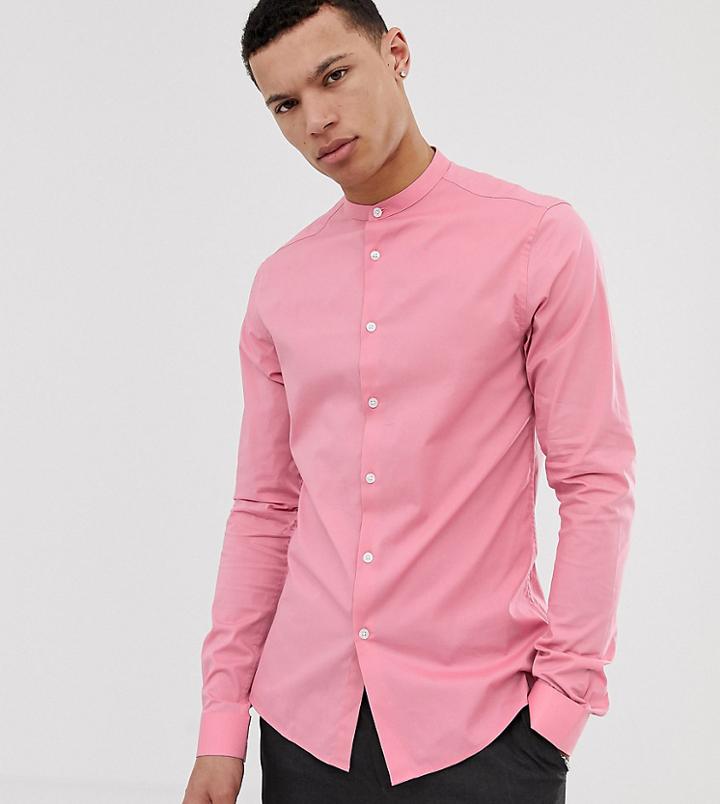 Asos Design Tall Skinny Fit Shirt With Grandad Collar In Pink - Pink