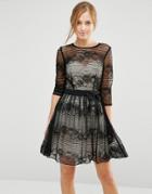 Little Mistress Lace Skater Dress With 3/4 Sleeves - Black