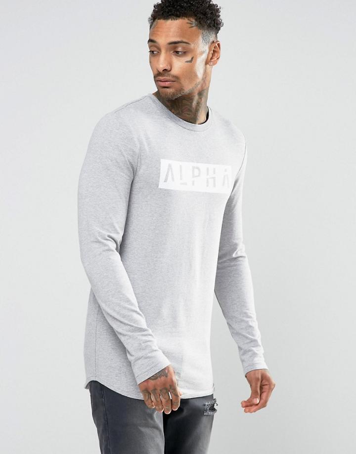 Asos Longline Muscle Long Sleeve T-shirt With Alpha Print And Curve Hem - Gray