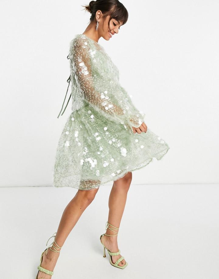 Asos Edition Mini Smock Dress In Embroidered Sequin In Mint Green