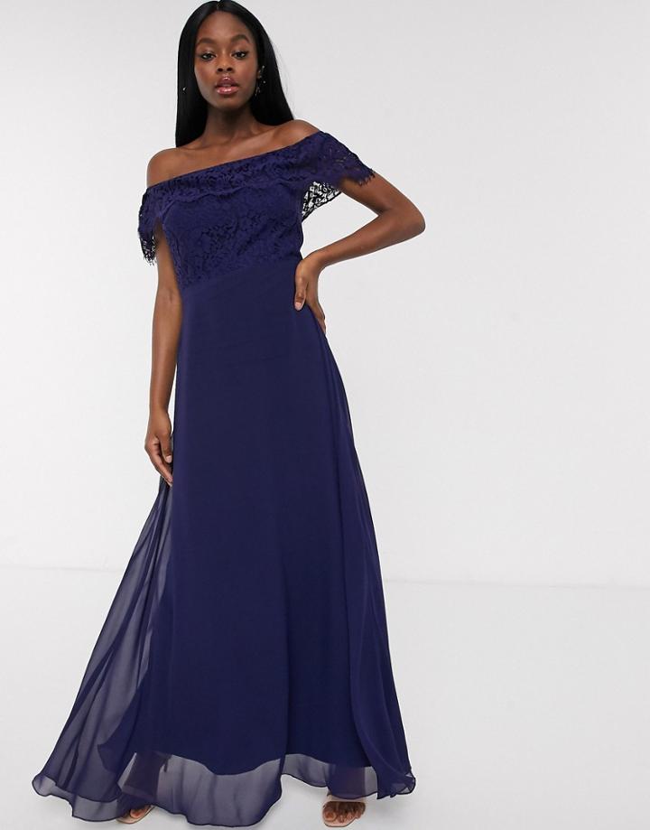 Little Mistress Off Shoulder Maxi Dress In Navy