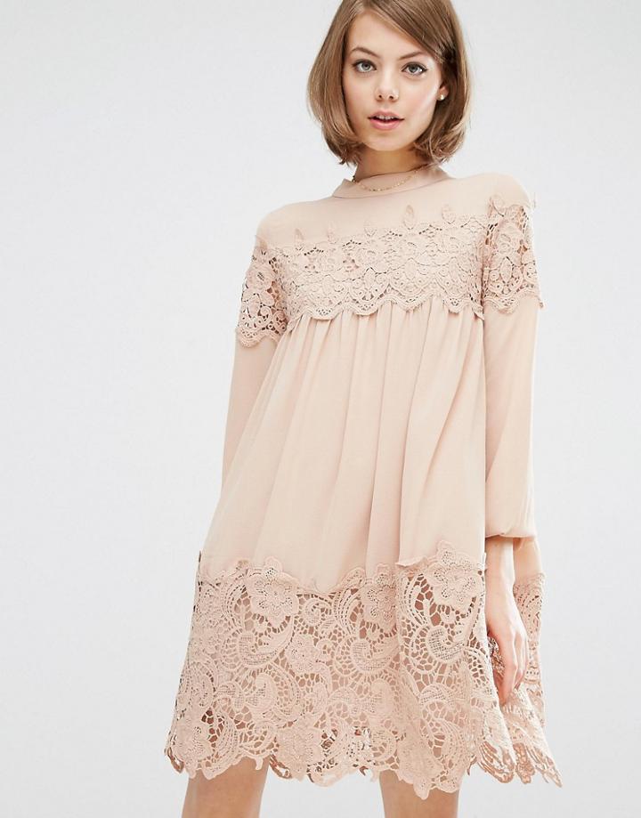 Fashion Union Long Sleeve Smock Dress With Lace Inserts - Beige