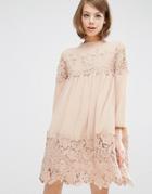 Fashion Union Long Sleeve Smock Dress With Lace Inserts - Beige