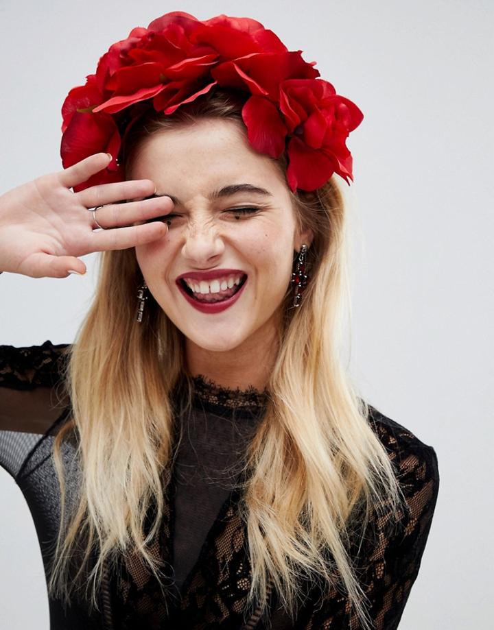 Asos Design Halloween Floral Garland Headband In Red - Red