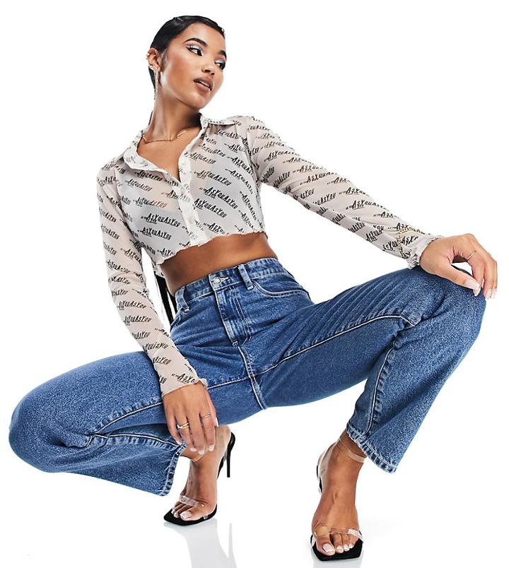 Asyou Branded Monogram Mesh Crop Top In Monochrome-multi