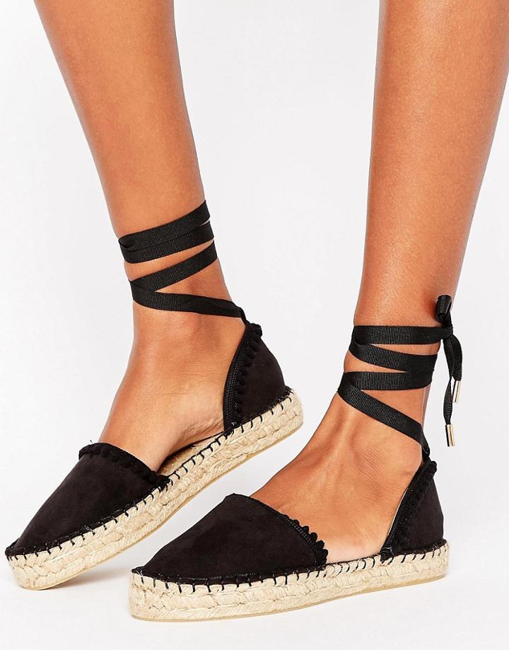 Miss Kg Dizzy Pom Pom Tie Up Espadrilles - Black