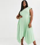 Asos Design Curve V Back Midi Dress With Pleated Asymmetric Skirt-green