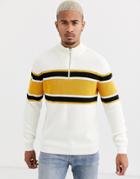 Only & Sons Quarter Zip Sweater In White With Chest Stripe-black