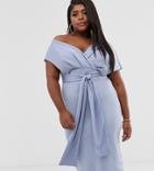 Asos Design Curve Fallen Shoulder Midi Pencil Dress With Tie Detail-blue