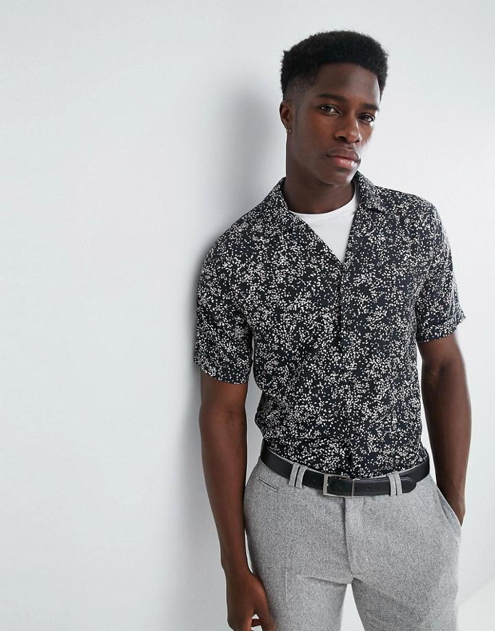 Stradivarius Regular Fit Shirt With Revere Collar And Print In Black - Black