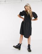 Monki Melody Cotton Poplin Polka Dot Smock Dress In Black-multi