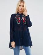Brave Soul Longline Shirt With Embroidered Detail - Navy