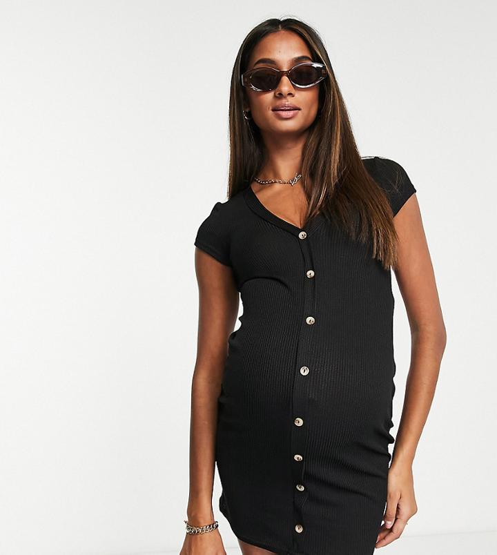 Asos Design Maternity Ribbed Cap Sleeve Mini Shirt Dress In Black