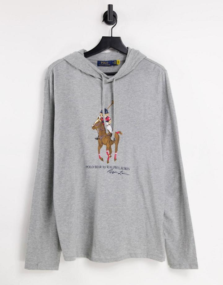 Polo Ralph Lauren Bear Player Print Hooded Long Sleeve Top In Gray Heather