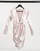 Club L Satin Mini Dress With Plunge Front And Wrap Skirt In Stone-grey