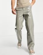 Asos Design Relaxed Pants In High Shine Faux Leather-green