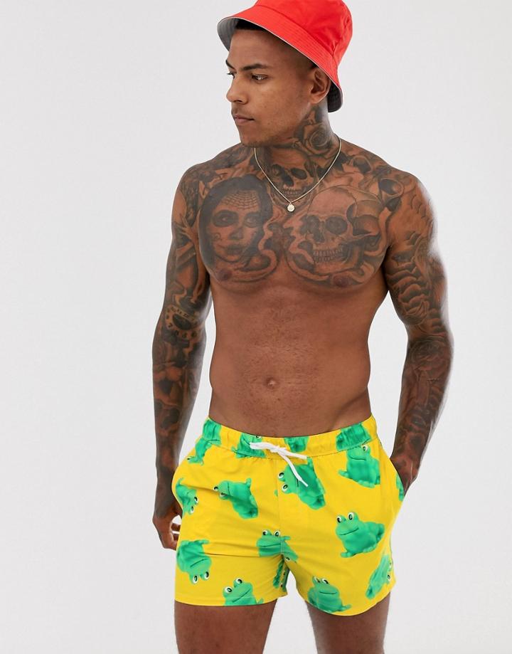 Asos Design Swim Shorts With Frog Print In Short Length - Yellow
