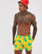 Asos Design Swim Shorts With Frog Print In Short Length - Yellow