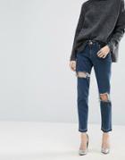 Asos Kimmi Shrunken Boyfriend Jeans In Rachel Dark Stonewash With Rips And Let-down Hem - Gray