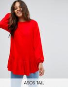 Asos Tall Top With Balloon Sleeve And Ruffle Hem - Red