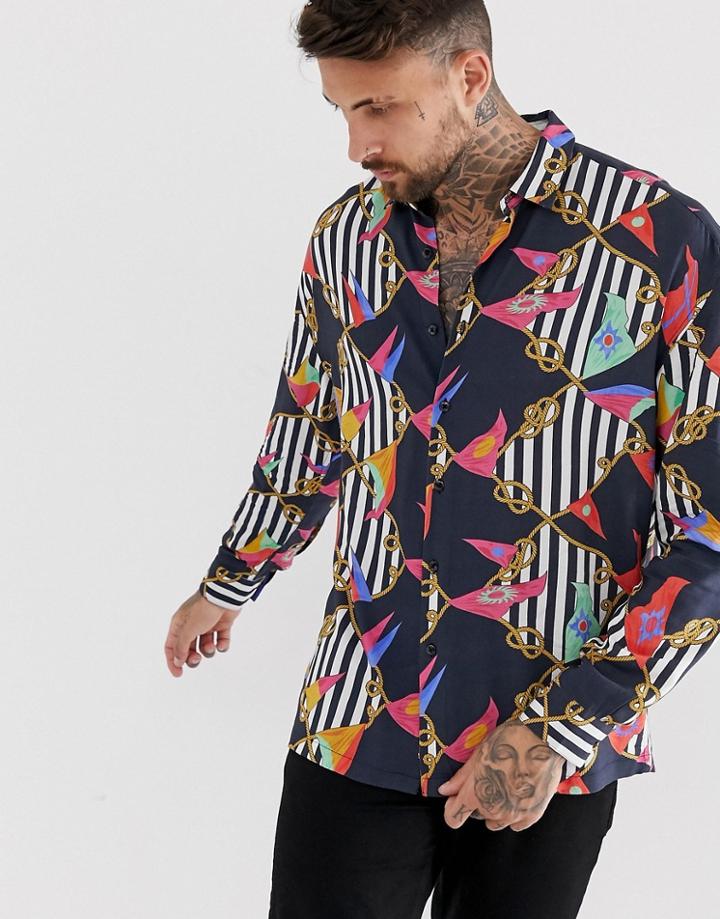 Asos Design Regular Shirt With Flag Stripe Print - Black