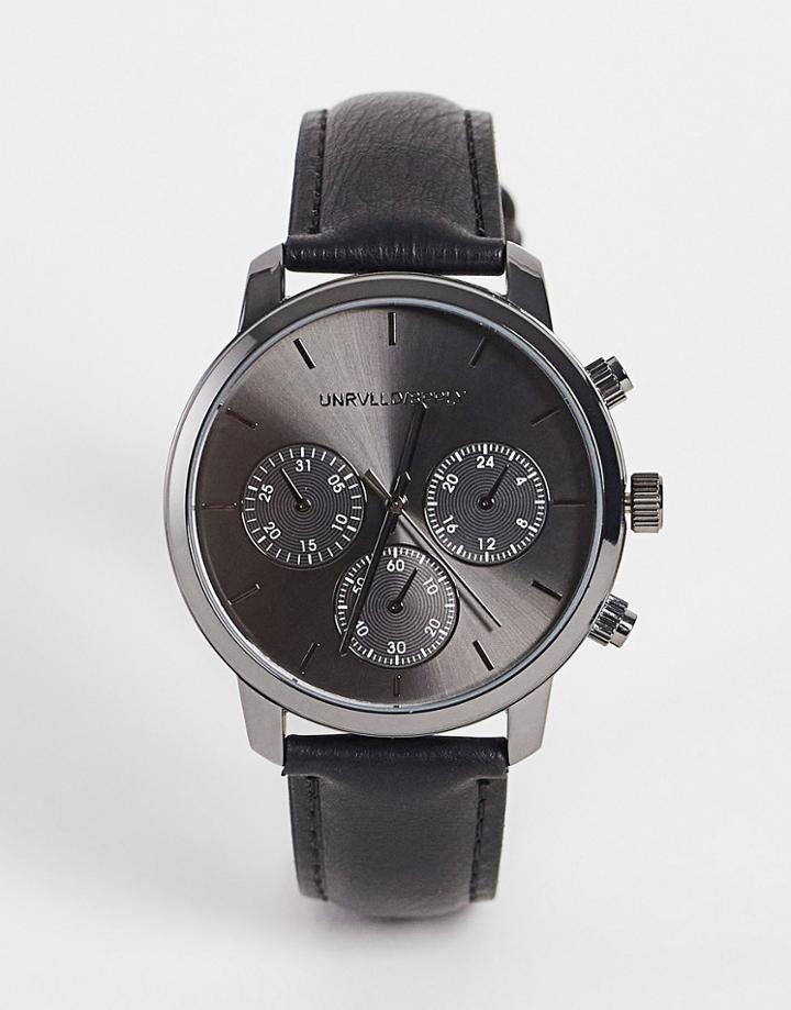 Asos Design 42mm Classic Watch With Faux Leather Strap In Black