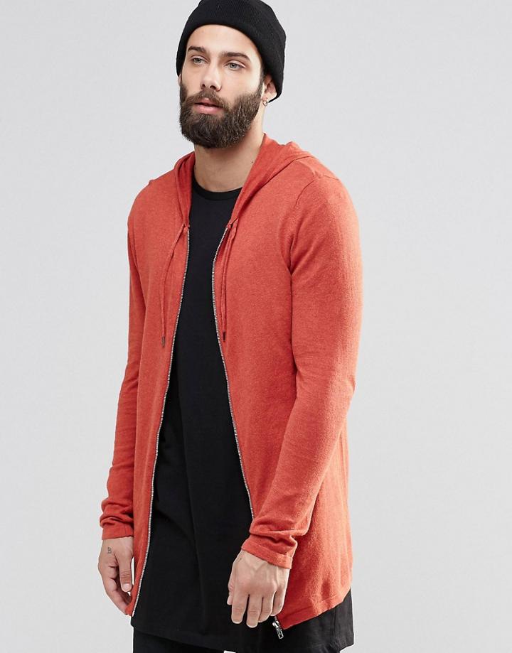 Asos Longline Knitted Zip Up Hoodie In Red - Red