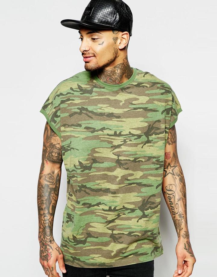 Asos Super Oversized Sleeveless T-shirt In Khaki Camo Print - Khaki