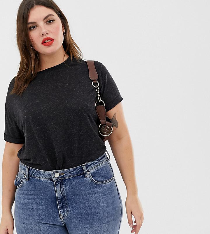 Asos Design Curve T-shirt With Roll Sleeve In Linen In Black - Black