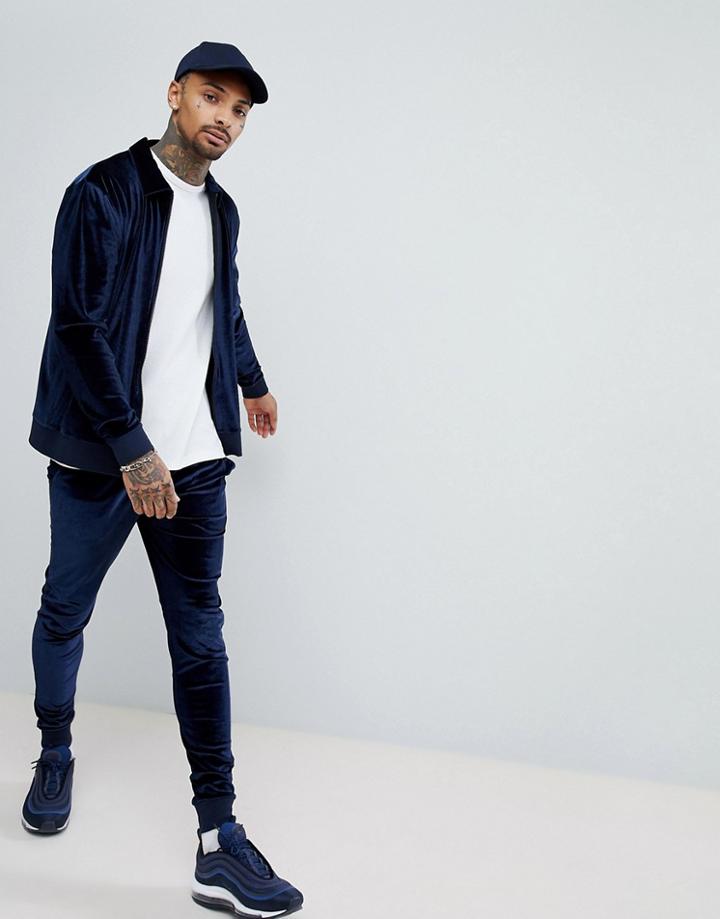 Asos Tracksuit Velour Harrington/ Skinny Jogger - Navy