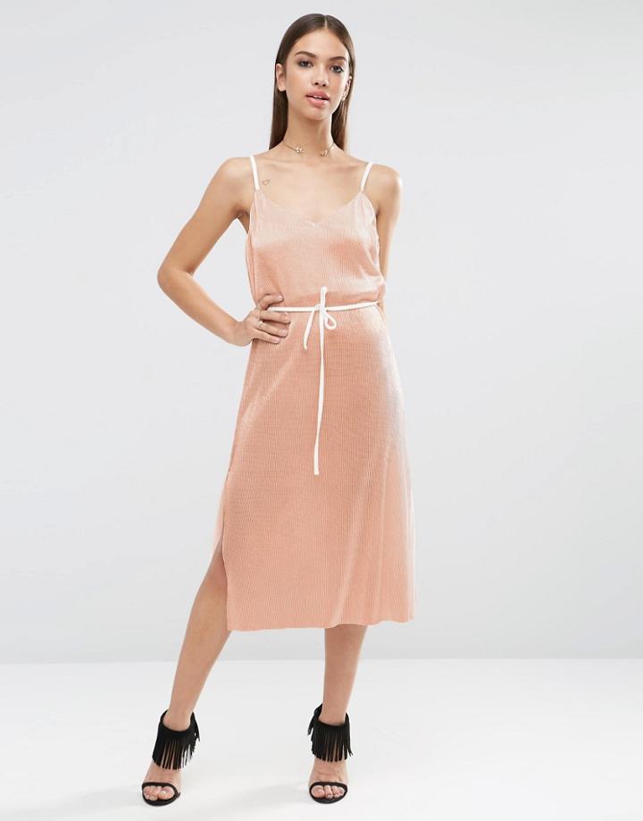 Asos Night Metallic Plisse Cami Midi Dress - Copper