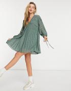 Asos Design V-front V-back Pleated Mini Smock Dress With Pin Tucks In Khaki-green