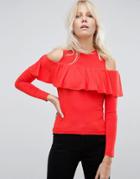 Asos Top With Cold Shoulder Ruffle Detail - Red