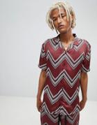 Asos Design Two-piece Oversized Sateen Chevron Stripe Shirt In Burgundy - Red