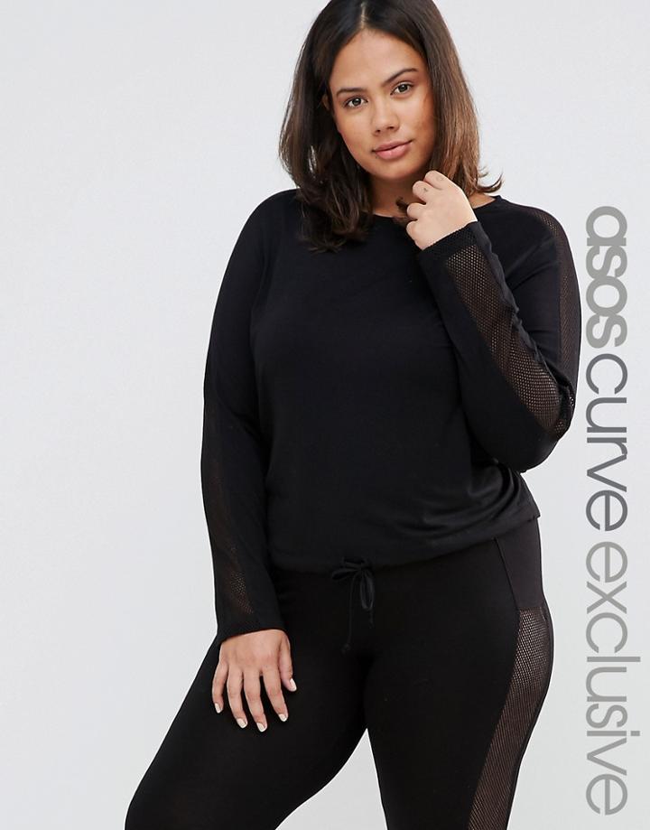 Asos Curve Lounge Slouchy Top With Mesh Panel And Tie Front Co-ord - Black