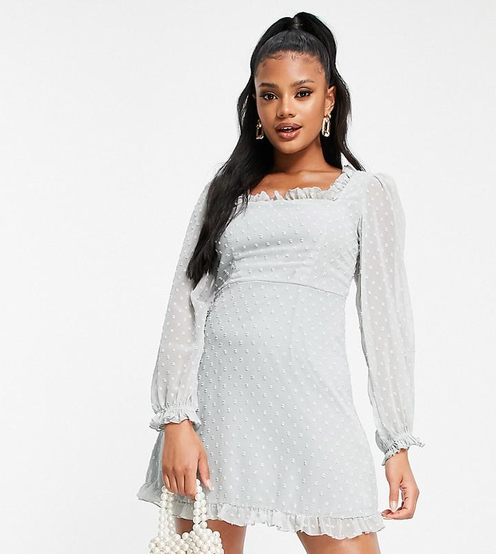 Missguided Textured Skater Dress With Flutter Sleeve In Pale Blue-blues