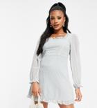 Missguided Textured Skater Dress With Flutter Sleeve In Pale Blue-blues