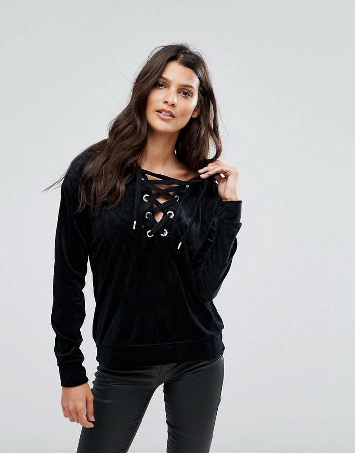 Brave Soul Rosheen Velour Hoody With Lace Up Detail - Black