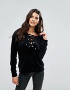 Brave Soul Rosheen Velour Hoody With Lace Up Detail - Black
