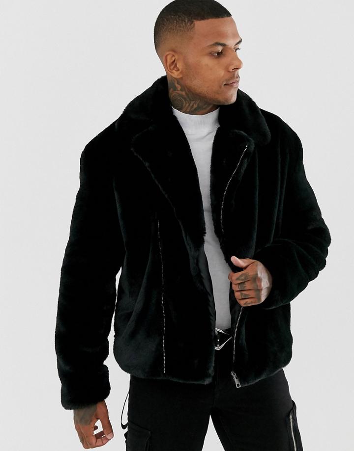 Asos Design Biker Jacket In Black Faux Fur - Black