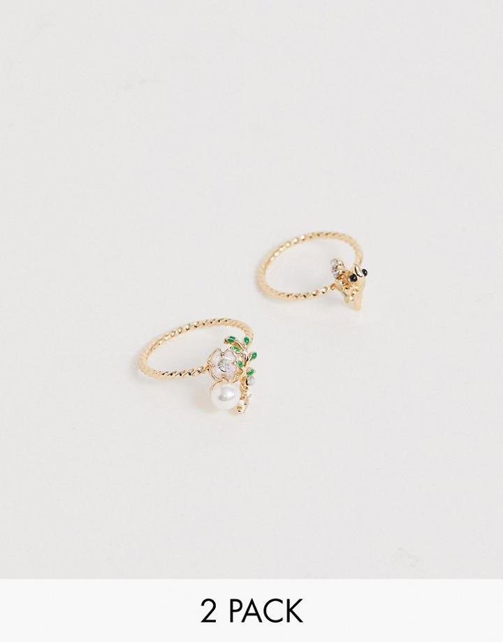 Asos Design Pack Of 2 Rings With Bird And Pretty Floral Design In Gold Tone - Gold